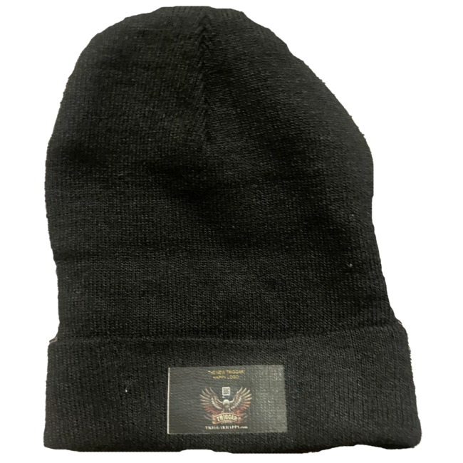 Triggar Happy Grey Beanie with TH logo – stylish and warm, perfect for gigs or everyday wear.
